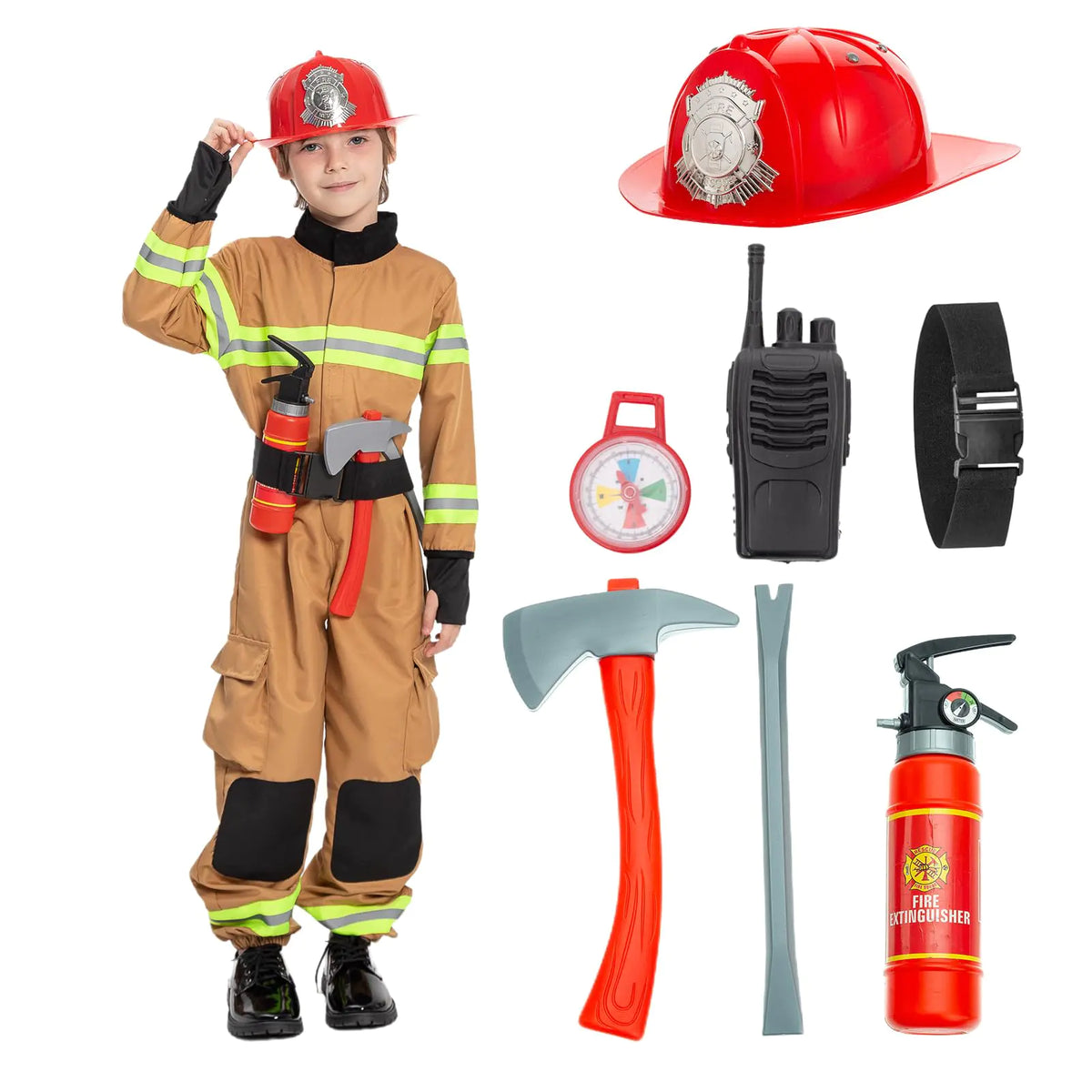 JAZGROM Kids Firefighter Costume for Toddler Fireman Boys Halloween Costumes Dress Up with Accessories Role Play Unisex Brown Mimarta