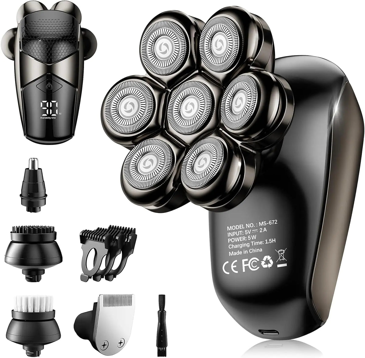 Detachable Head Shavers, SHPAVVER 5-in-1 Electric Razor IPX7 Waterproof for Bald Men, Wet/Dry LED Display Rechargeable 7D Rotary Shaver Grooming Kit with Type-C Charge (A) Brown Rieworkes