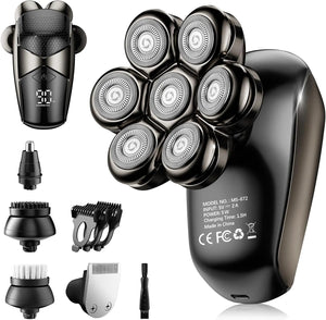 Detachable Head Shavers, SHPAVVER 5-in-1 Electric Razor IPX7 Waterproof for Bald Men, Wet/Dry LED Display Rechargeable 7D Rotary Shaver Grooming Kit with Type-C Charge (A) Brown Rieworkes
