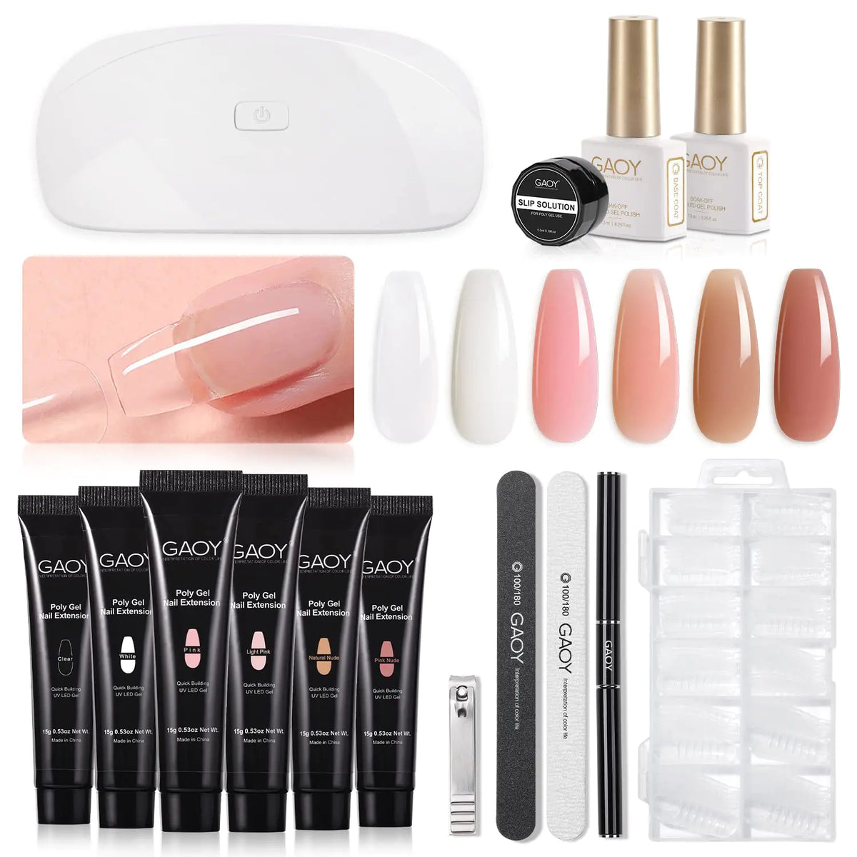GAOY Poly Gel Nail Kit with U V Light Starter Kit, 6 Colors Nude Pink Black Builder Gel Nail Extension Kit for Beginners with Everything Nail Art DIY at Home Set C Rieworkes