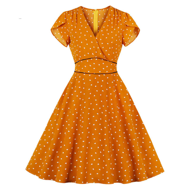 Plus Size Elegant French Vintage Orange Polka Dot Dress Mimarta