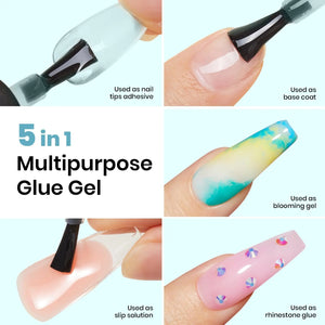 Beetles 5 in 1 Nail Glue Gel for Nail Tips and Clear Acrylic Nails Long Lasting, Curing Needed UV Extension Glue for Clear False Nail Tips and Clear Press on Nails, Nail Repair Treatment Rieworkes