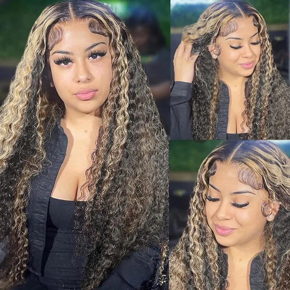 Vlusee 13x6 Deep Wave Lace Front Wigs Human Hair Fb/27 Ombre Blonde Lace Front Wig Human Hair Pre Plucked 13x6 HD Full Lace Frontal Curly Human Hair Glueless Wig for Women 24 Inch Mimarta