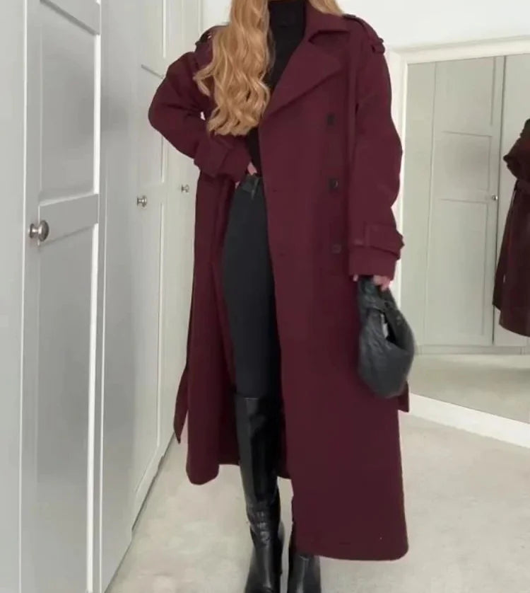 Elegant Bordeaux Lapel Mix Maxi Overcoat Rieworkes