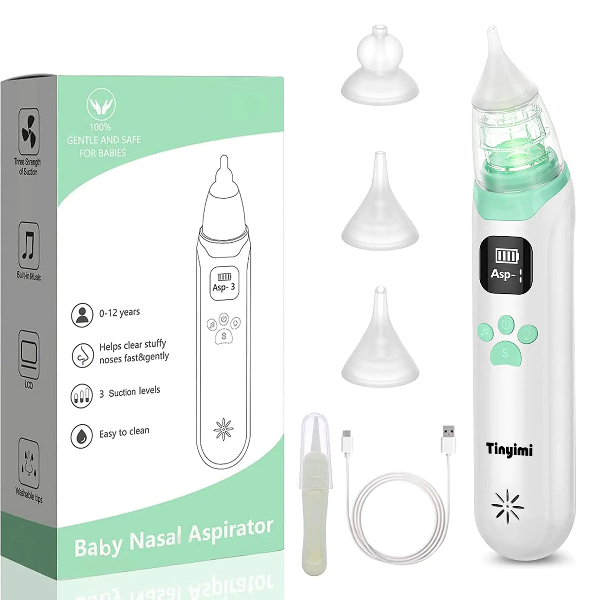 Baby Nasal Aspirator - Safe Quick and Hygienic Nose Cleaner with Pause Music and Light Soothing Functions - 3 Silicone Tips Adjustable Suction Level Rieworkes