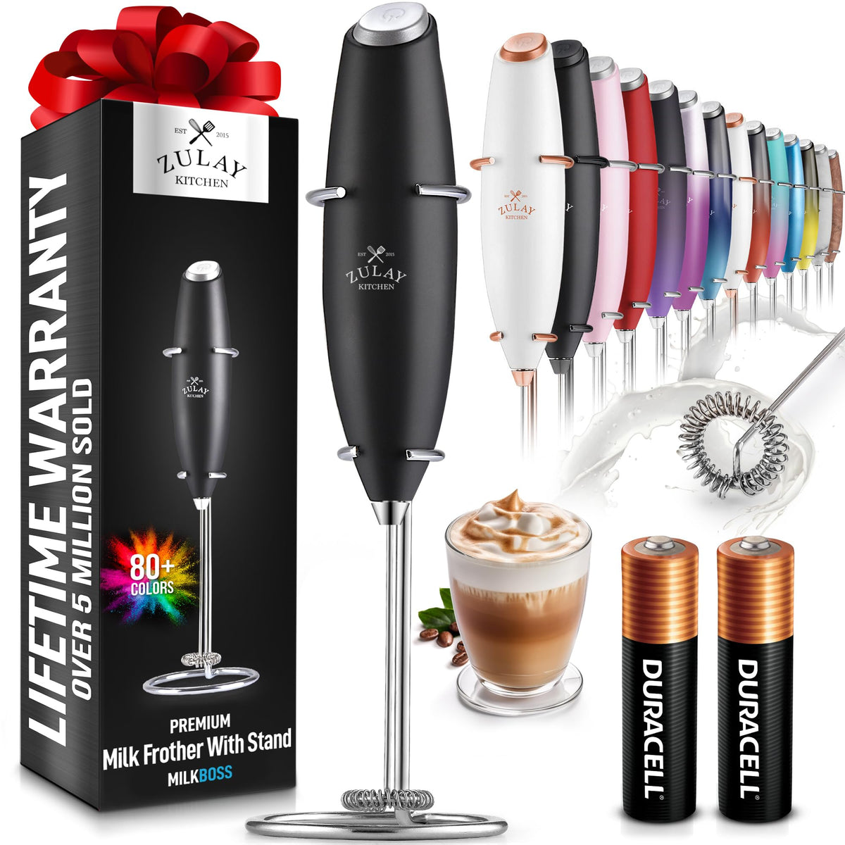 Zulay Kitchen Powerful Milk Frother Wand With 2 Duracell Batteries - Ultra Fast Handheld Drink Mixer - Electric Whisk Foam Maker for Coffee Lattes Cappuccino Matcha Hot Chocolate & Creamer - Black Mimarta