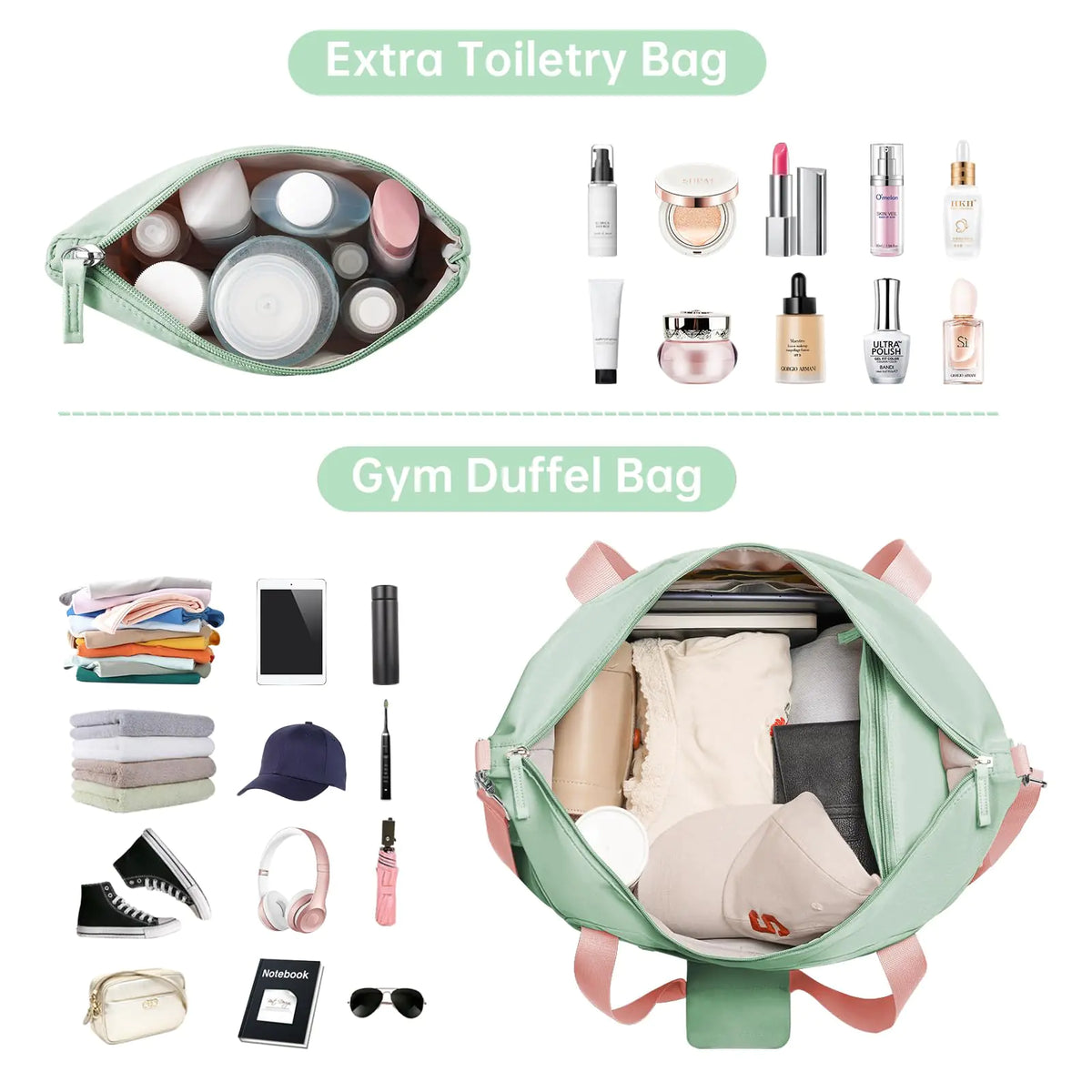 ETRONIK Gym Bag for Women, Travel Duffel Bag with USB Charging Port, Weekender Overnight Bag with Wet Pocket & Shoes Compartment for Women, Travel, Gym, Yoga (Green Pink) Medium Pink Green Rieworkes