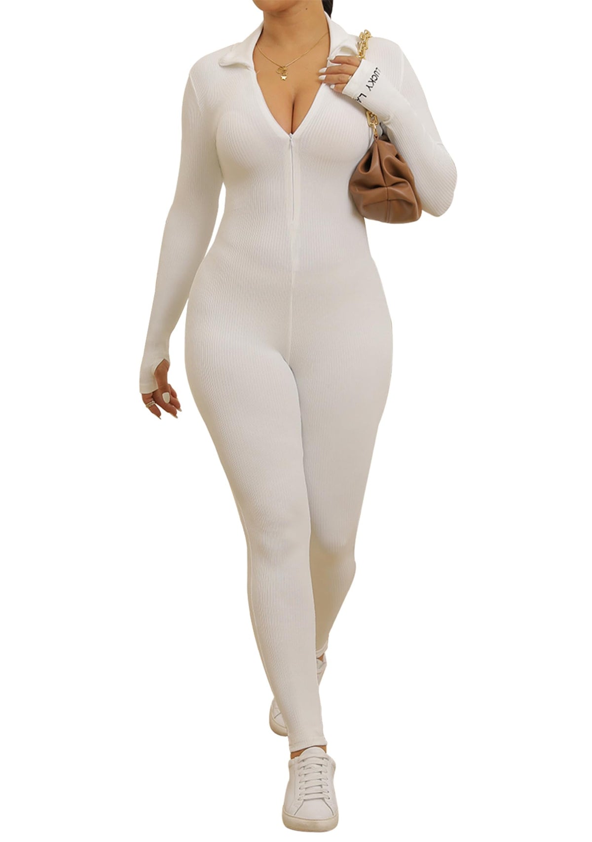 ECHOINE Women Ribbed Long Sleeve Jumpsuits Workout Zip Front Sport Yoga Jumpsuits S-2XL White Mimarta