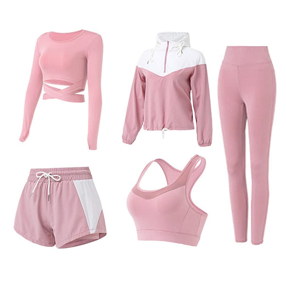 5 PCS Workout Sets for Women Running Yoga Outfits Athletic Gym Exercise Clothes Activewear Sets Tracksuit(PinkM) Mimarta