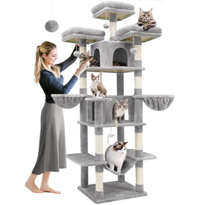 Globlazer F80 Big Cat Tower for Indoor Cats 80inch Cat Tower for Multiple Adult Cats XXL Cat Tree with Scratching Post Hammock 3 Perches 2 Condos 2 Hanging Basket Light Grey Mimarta