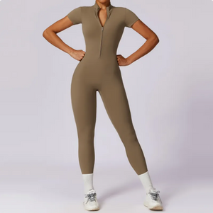 Zippered Short Sleeve Yoga Jumpsuit Mimarta