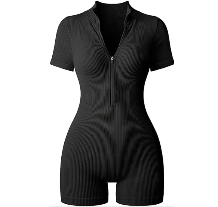Womens Workout rompers Ribbed Yoga Rom Romper Tummy Control Sexy Jumpsuits One Piece Short Sleeve Zip Up Romper Mimarta