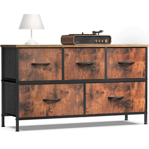 OLIXIS Dresser for Bedroom 5 Storage Drawers Wide Fabric Closet Chests Organizer Tower Furniture TV Stand with Wooden Top Metal Frame for Clothes Living Room Hallway Entryway Classic Rust Brown Rieworkes