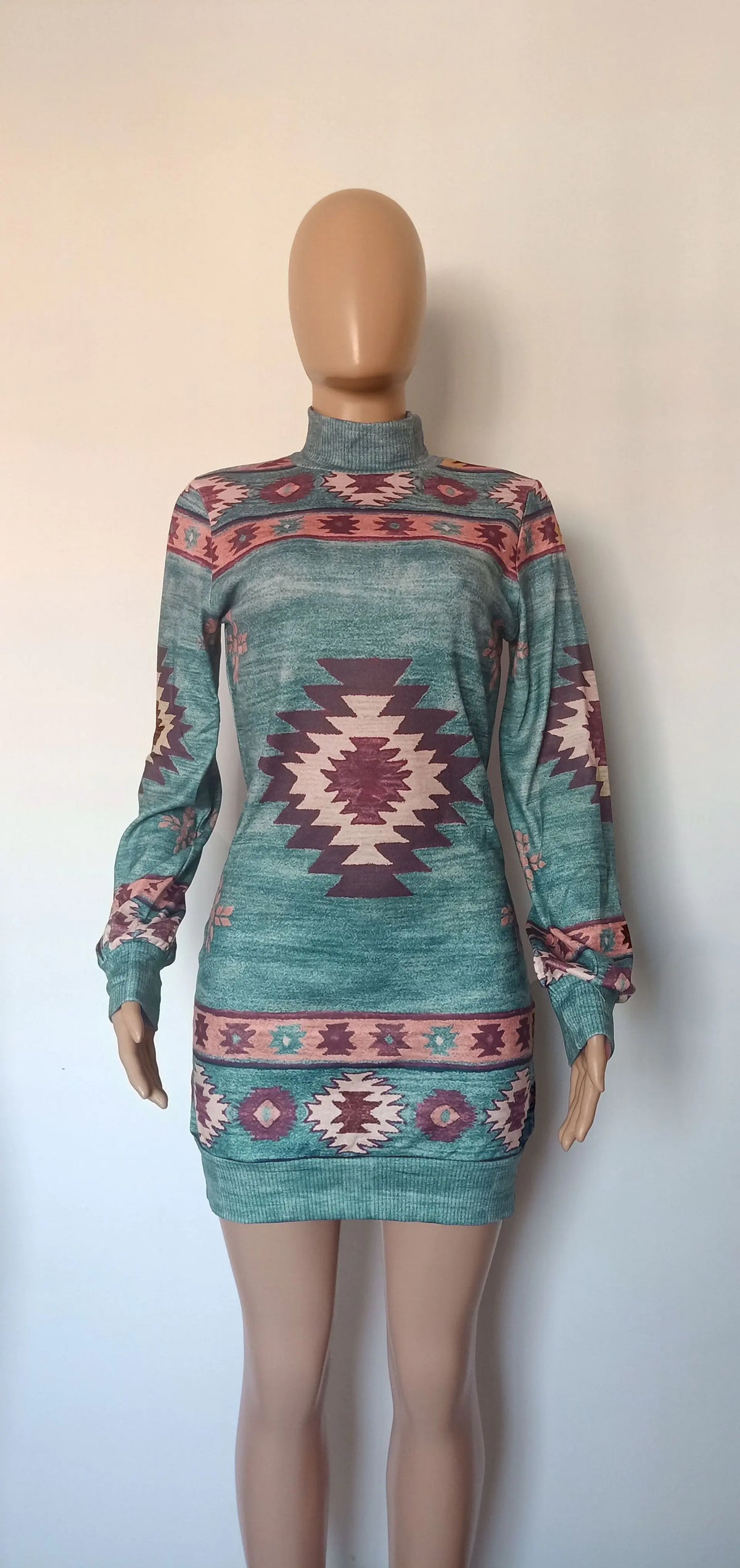 Bohemian Print Mini Dress for Women - Long Sleeve, Skinny Fit, Casual, for Autumn and Winter Rieworkes