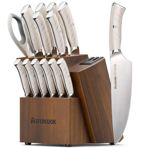 Astercook Knife Set Kitchen with Block and Dual Sharpener Full Tang 15 Pcs German Stainless Steel Knives Dishwasher Safe Kitchen Utensils Set with with and Anti-slip Ergonomic Handle Elegant White Rieworkes