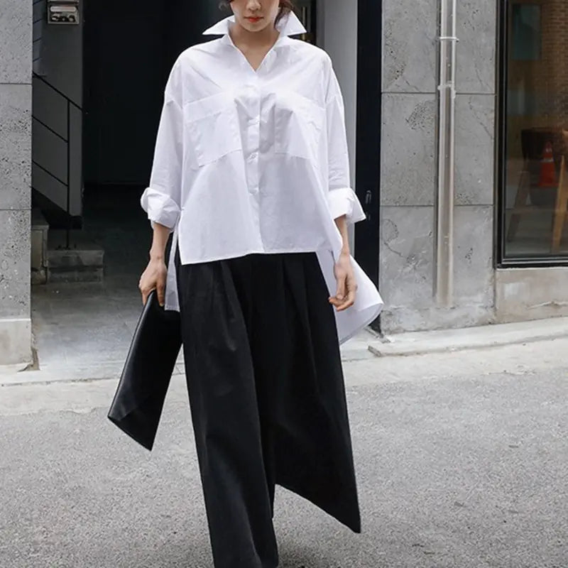 Women's White Loose Fit Irregular Long Sleeve Shirt Mimarta