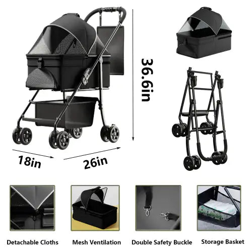 2 In 1 Folding Dog Stroller, Pet Folding Stroller, 4 Wheels Dog Cat Puppy Stroller W  Removable Travel Carrier For Small  Medium Pet, Waterproof Pad, Car Seat, Sun Shade, Xmas Christmas Gift Rieworkes