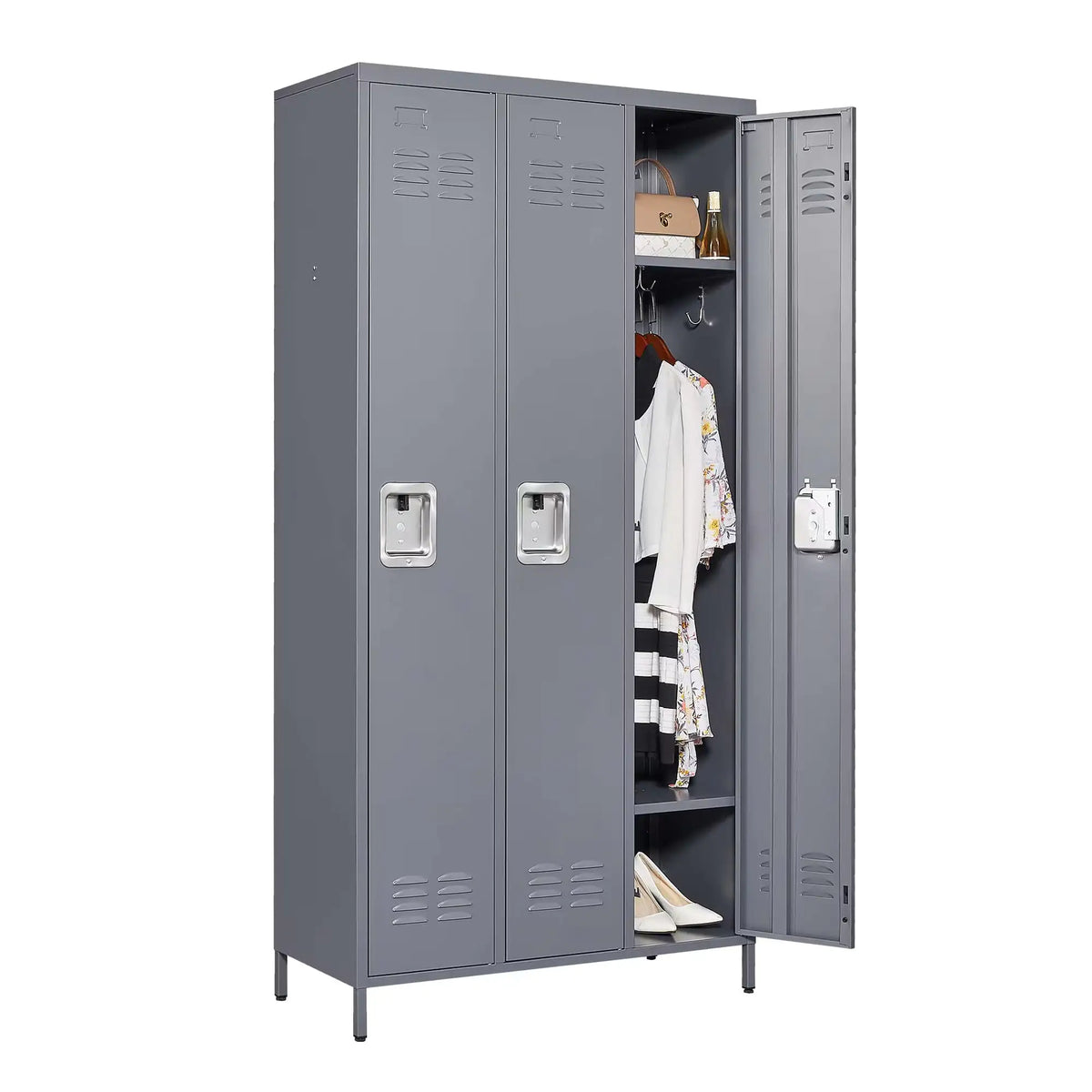 3 Employee Metal Lockers With 72 Inch High Locks, Home Gym Office, School Garage Lockers, Gray Rieworkes