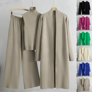 Women's 3-Piece Knit Set: Sleeveless Vest, Long Cardigan, and Wide-Leg Pants Rieworkes