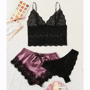 Women's 3-Piece Lace Pajama Set with Shorts and Top Mimarta