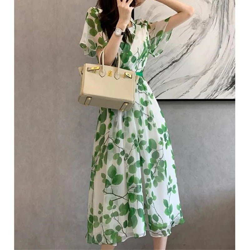 Women Summer Leaf Print Midi Dress Rieworkes