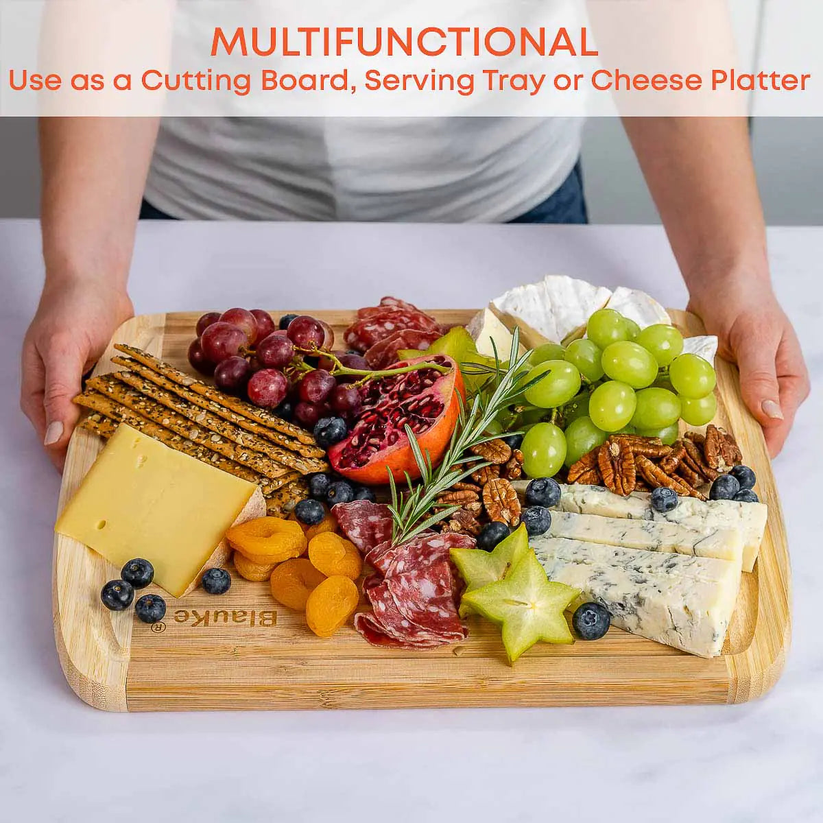 Large Wood Cutting Board for Kitchen 14x11 inch - Bamboo Chopping Board with Juice Groove - Wooden Serving Tray Rieworkes