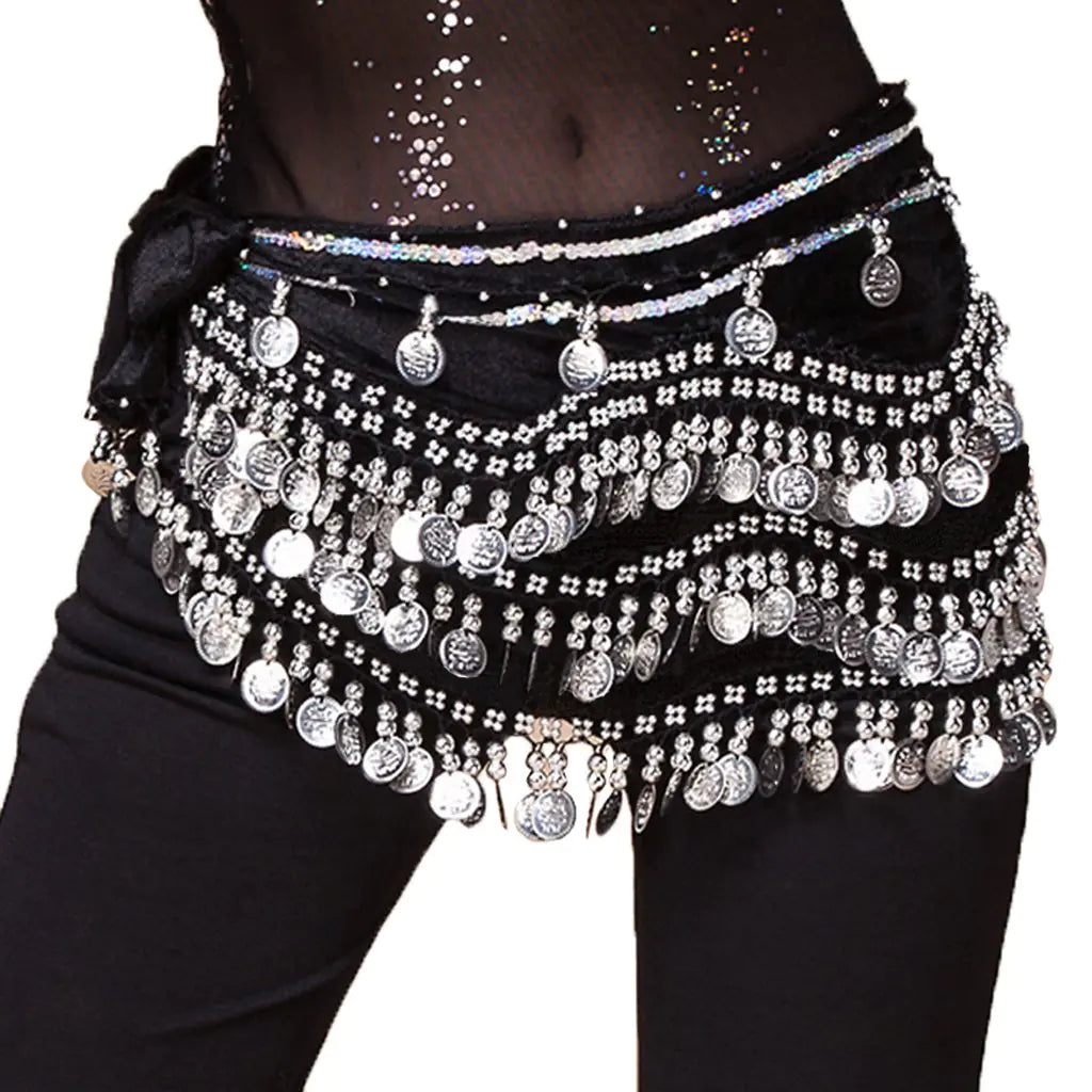 Wuchieal Womens Belly Dancing Belt Colorful Waist Chain Belly Dance Hip Scarf Belt (Black -Silver coins One Size) Mimarta