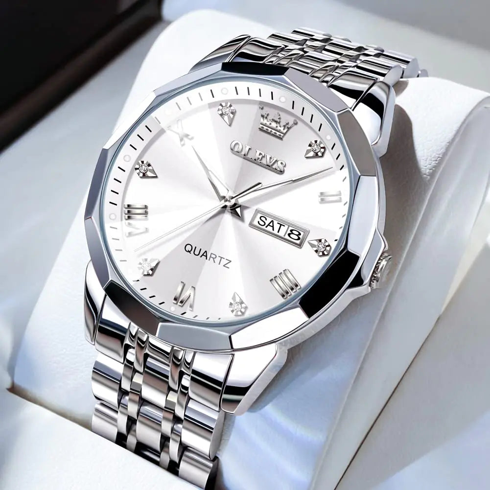 OLEVS Watch for Men Diamond Business Dress Analog Quartz Stainless Steel Waterproof Luminous Date Two Tone Luxury Casual Wrist Watch silver watch for men Rieworkes