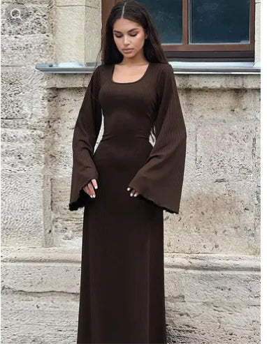 Fashion U-neck Dress Back Lace-up Long Bell Sleeve Dresses Women Rieworkes