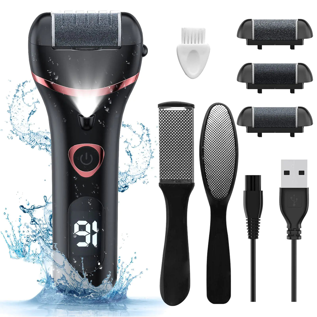 Electric Foot Callus Remover, Rechargeable Portable Electronic Foot File Pedicure Kits, Waterproof Foot Scrubber File, Professional Pedicure Tools, Foot Care for Dead Skin Ideal Gift, 3 Rollers Blue Rieworkes