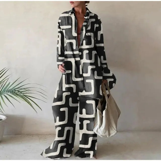 Loose Stripe Pants Set Elegant Long Sleeve Top Rieworkes