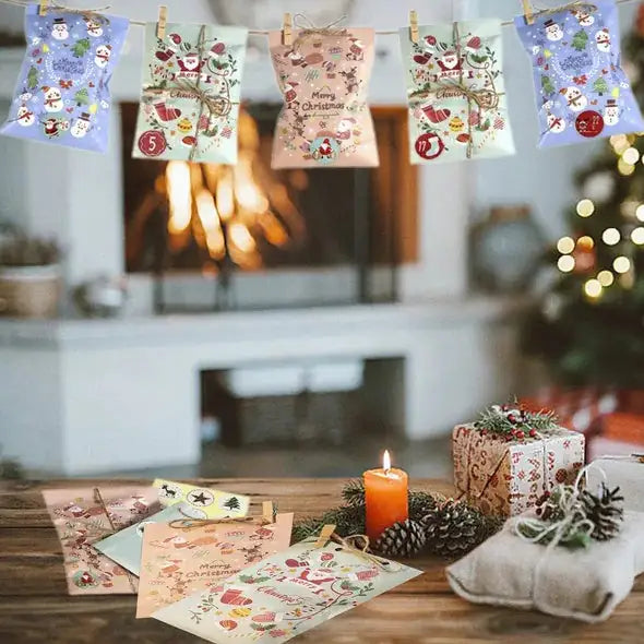24Pcs Christmas Advent Calendar Bags Kit Envelope Shape Gift Bags With 1 To 24 Countdown Number Stickers Santa Claus Snowman Pattern Goodie Candy Treat Bag With Clips And Rope For Xmas Tree Decoration Mimarta