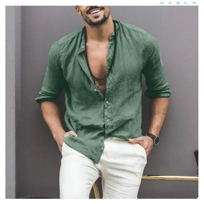 Solid Color Long Sleeve Button Stand Collar Men's Shirt Rieworkes