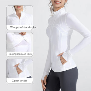 Stand Collar Sports Running Workout Long Sleeve Zipper Jacket for Women Rieworkes