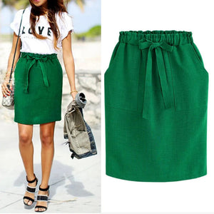 Women's Cotton Elastic Waist Bow Skirt - Summer/Autumn Midi Office Pencil Style (Green) Rieworkes