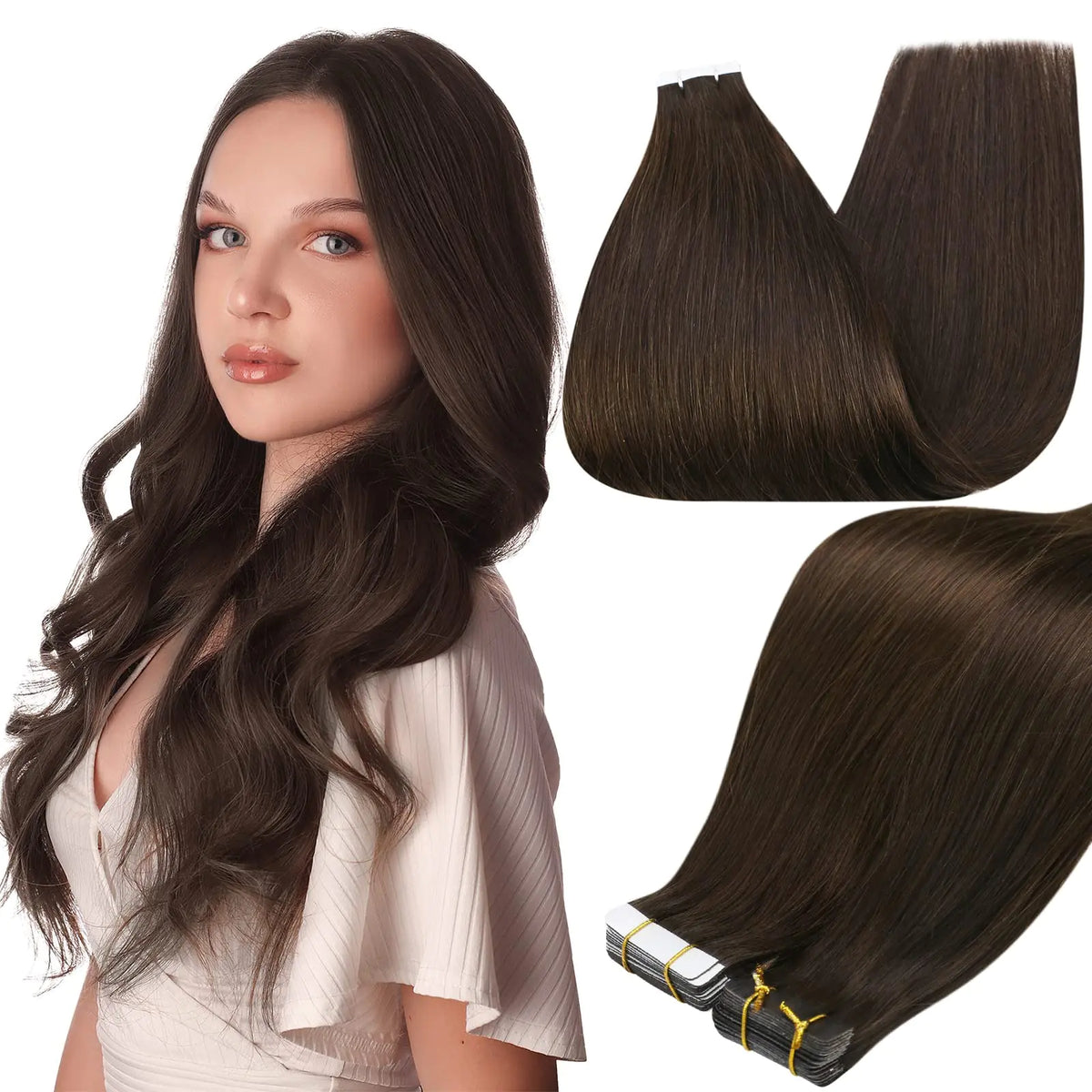 Full Shine Tape in Hair Extensions Remy Human Hair Invisible Skin Weft Color 2 Dark Brown Tape Hair Extensions Brazilian Hair 18 Inch 50 Gram Per Package 20 Pieces Seamless Human Hair Extensions # 2 Brown Rieworkes