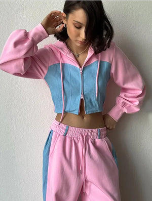 Casual Color Block Cardigan and Sweatpants Set Rieworkes