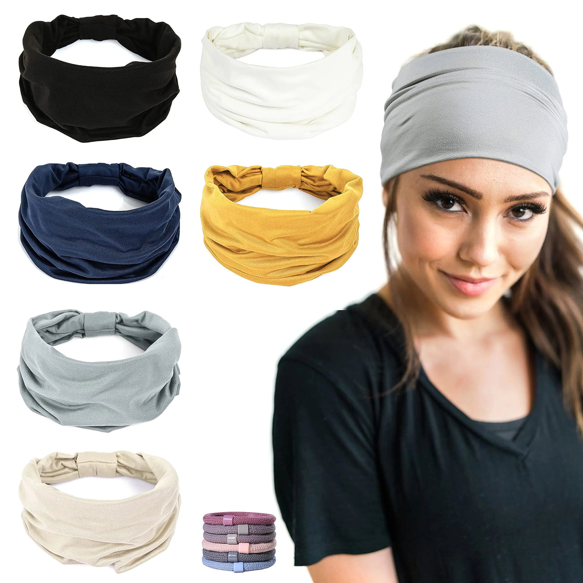 GILI 6 Pack Wide Headbands for Women Non Slip Soft Elastic Hair Bands Yoga Running Sports Workout Gym Head Wraps, Knotted Cotton Cloth African Turbans Bandana (with 6 Pcs Hair Ties) 6 Color (White+Black+Navy+Yellow+Light Grey+Skin) Rieworkes
