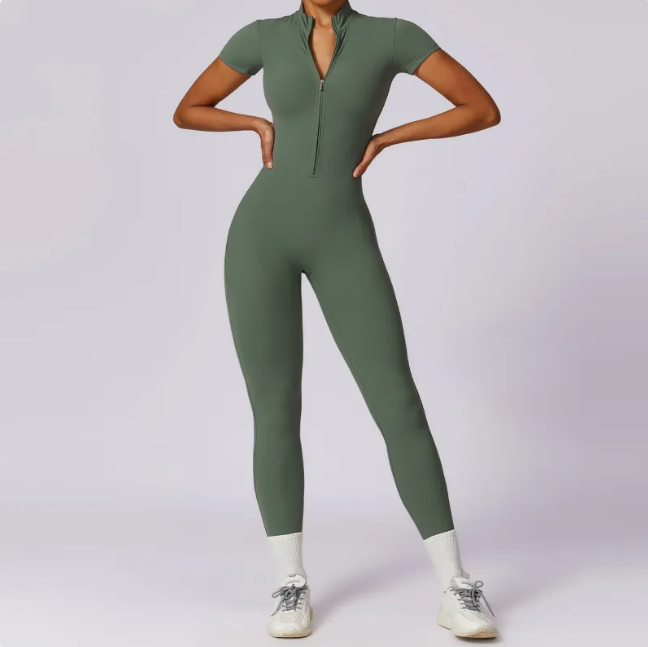 Zippered Short Sleeve Yoga Jumpsuit Mimarta