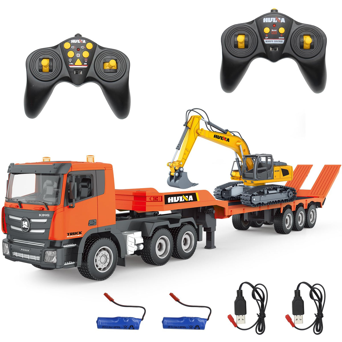 Fistone RC Semi Truck & Excavator Toy Set 2.4Ghz Remote Control Flatbed Truck with Excavator Toys 1:24 RC Semi-Trailer Engineering Tractor with Sound and Lights Construction Vehicles Toy for Boys Mimarta