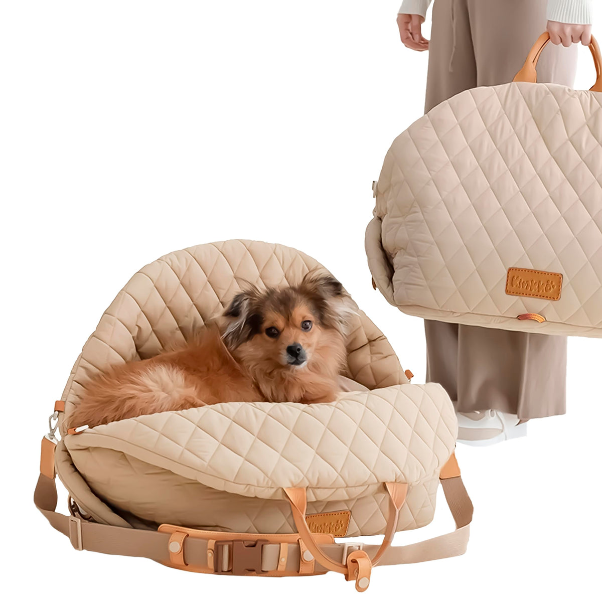 Kinkko Dog Car Seat 3-in-1 Pet Carrier and Small Dog 0-18lbs Bed with Puppy Pillow Storage Pocket Clip-On Safety Leash Waterproof Dog Bed Two Portable Handle Dog Shoulder Carrier Beige Mimarta