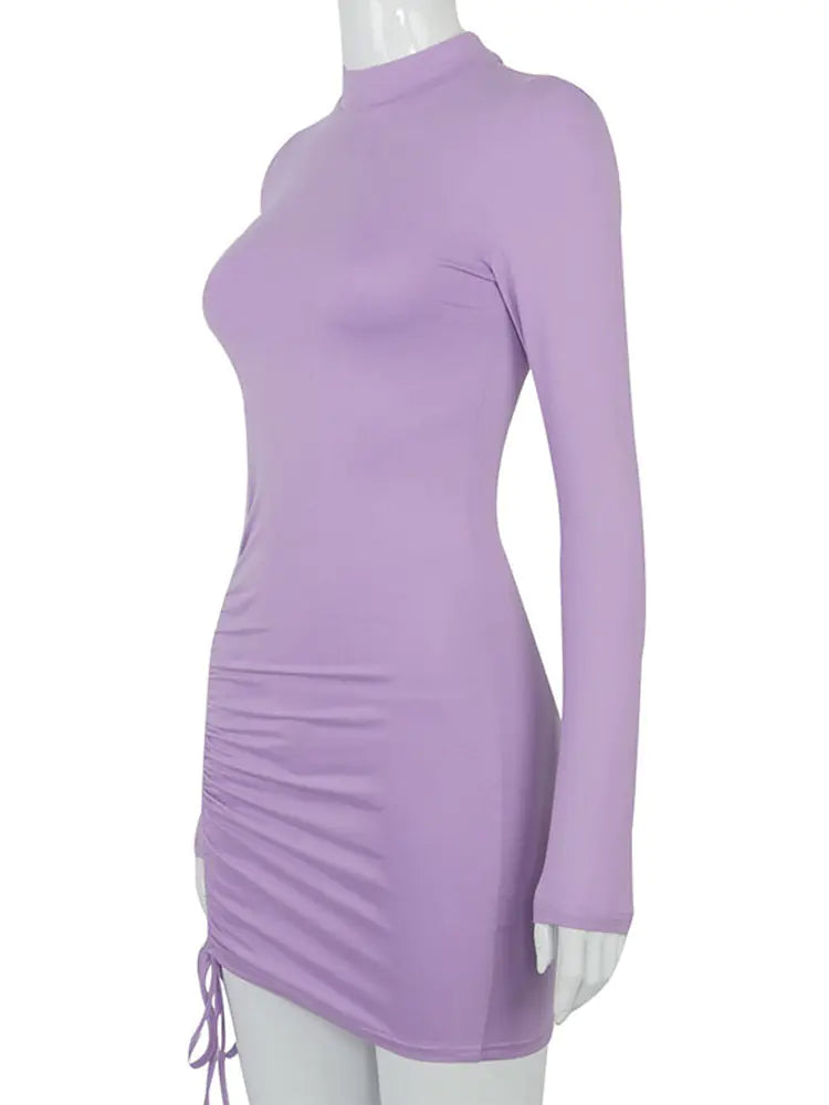 Black Turtleneck Ruched Bodycon Mini Dress for Women Mimarta