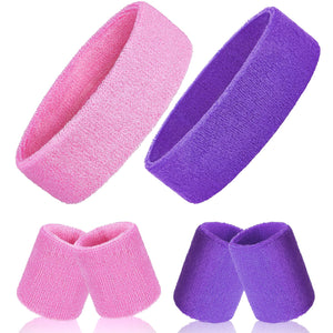 6 Pcs 2 Color Sweatband Set Sports Headband Wristband Set Head Sweat Bands for Men Women Sports Gym Exercise (PinkPurple) Mimarta