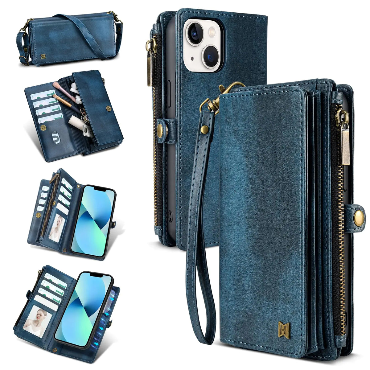 for iPhone 13 Wallet Case(Holds Lipstick, Headphones, etc.),2-in-1 Multi-Functional Portable Magnetic Faux Leather Phone Case with RFID Blocking,Shoulder Strap and Wrist Strap(Blue) Mimarta