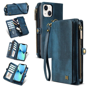 for iPhone 13 Wallet Case(Holds Lipstick, Headphones, etc.),2-in-1 Multi-Functional Portable Magnetic Faux Leather Phone Case with RFID Blocking,Shoulder Strap and Wrist Strap(Blue) Mimarta