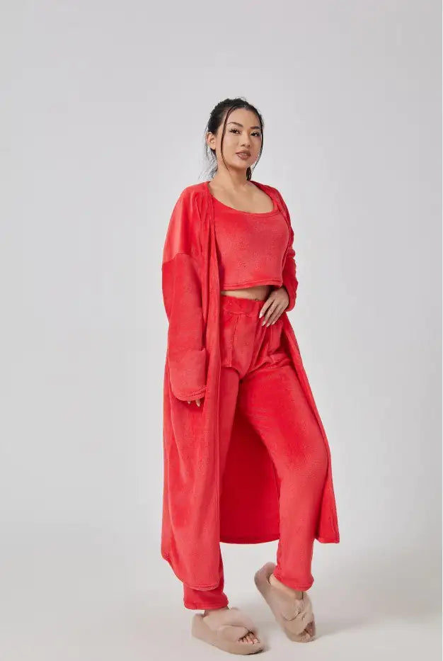 Cozy Pajama Set, 3 Piece Lounge Set, Cute Loungewear, Warm Suit Sets, Matching Set, Lounge Set, 3 Piece Pant Sets, Women Winter Dress Rieworkes