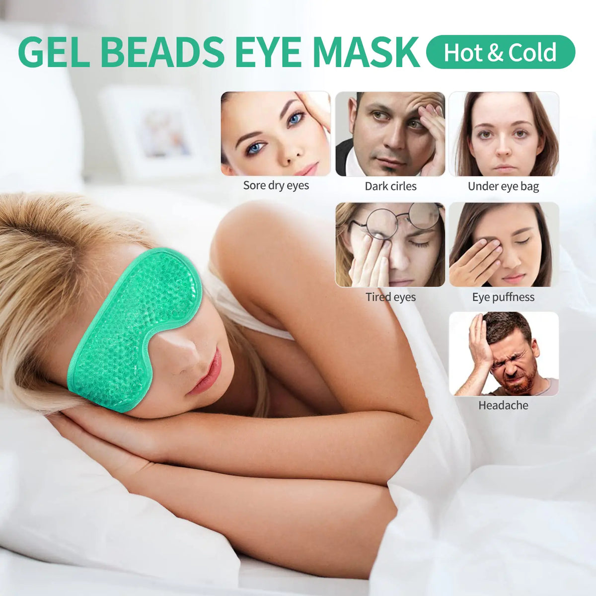 2PCS Gel Eye Mask Reusable Hot Cold Therapy Gel Bead Eye Mask for Puffiness /Dark Circles/Eye Bags /Dry Eyes/Headaches/Migraines/Stress Relief, Cooling Eye Mask Hot/Cold Compress Eye Mask (Green) Green Rieworkes