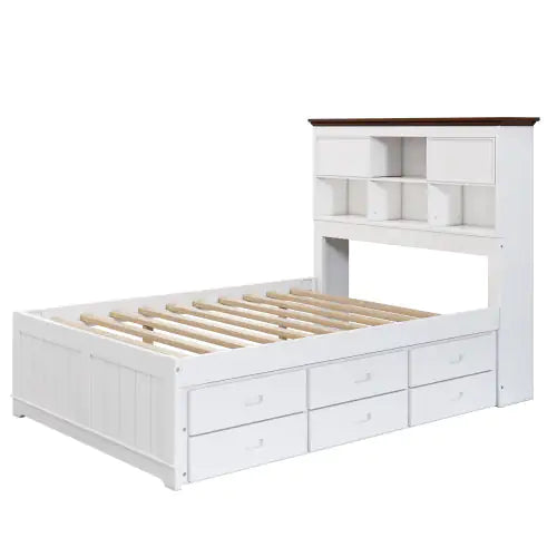 Solid Pine Captain Bookcase Bed With Trundle Bed And 3 Spacious Under Bed Drawers In Casual,Full, White Walnut Rieworkes