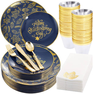 Morejoy 175PCS Thanksgiving Plastic Plates Blue Gold Thanksgiving Dinnerware Sets Include: 25Dinner Plates 25 Salad Plates 25 Silverware Set 25 Napkins Fall Plates Disposable for Thanksgiving Day Mimarta