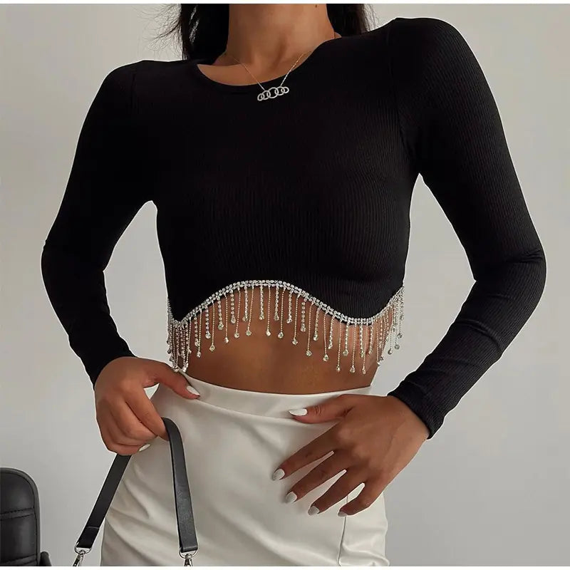 Elegant Rhinestone Tassel Cropped Top Rieworkes